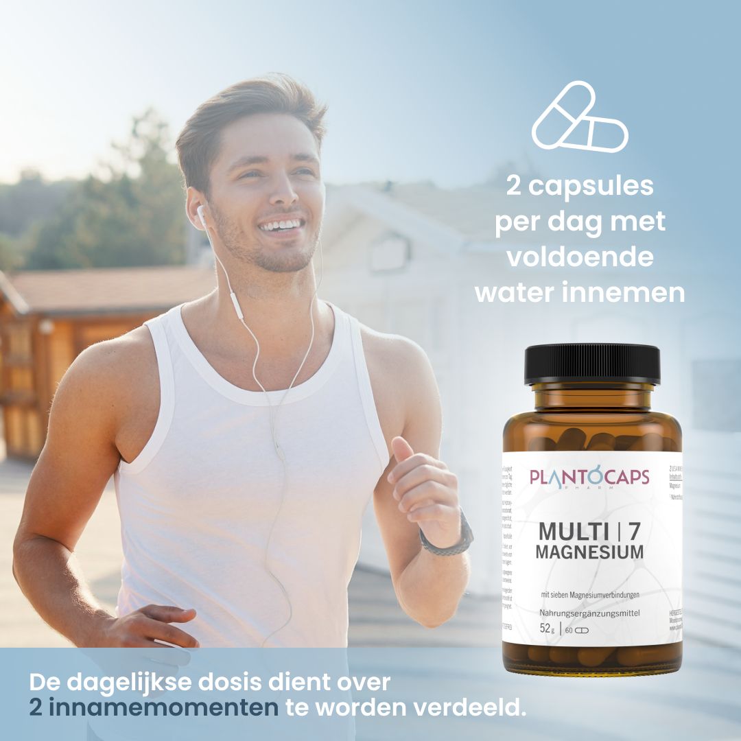 Loper met oordopjes, fles en tekst over dagelijkse inname.