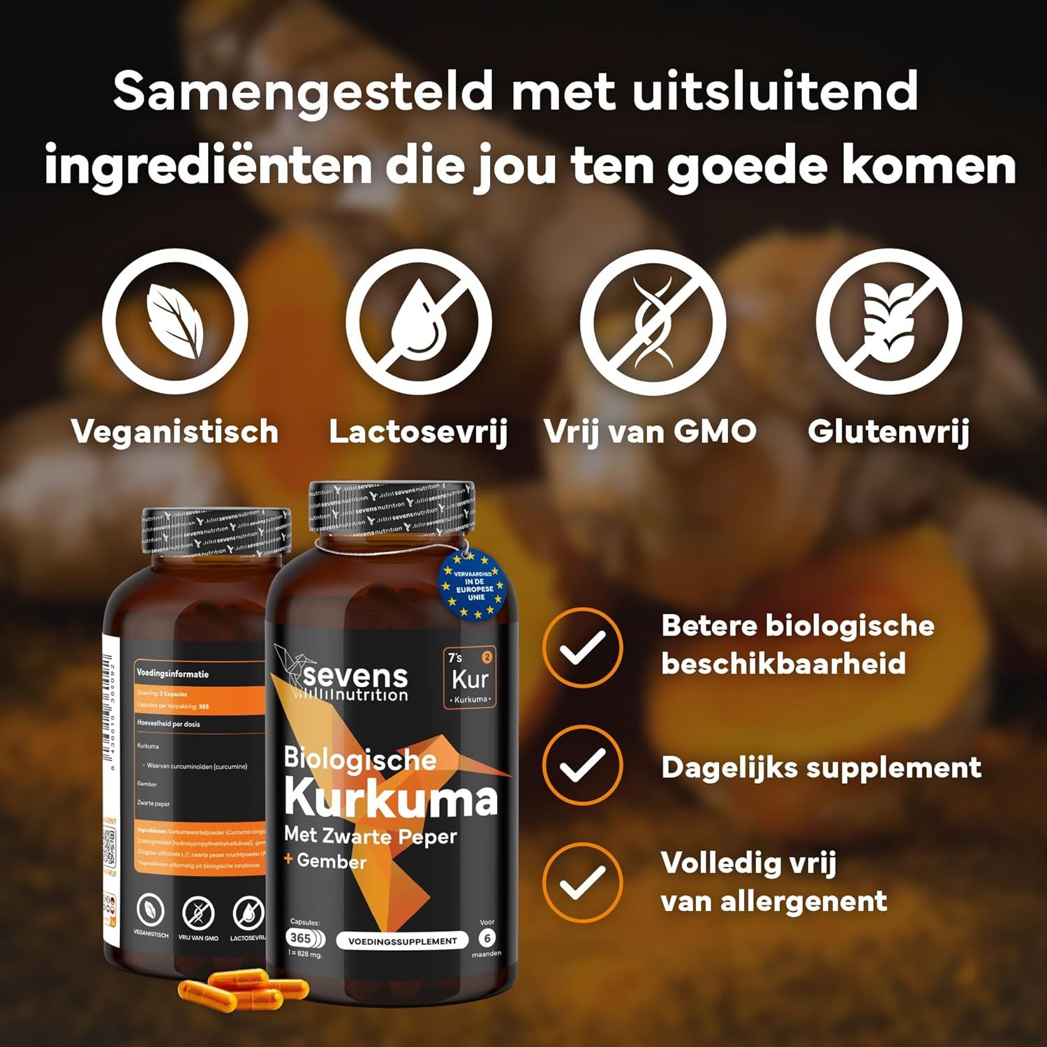 Twee flessen kurkuma met zwarte peper en gember. Veganistisch, lactosevrij, GMO-vrij, glutenvrij.