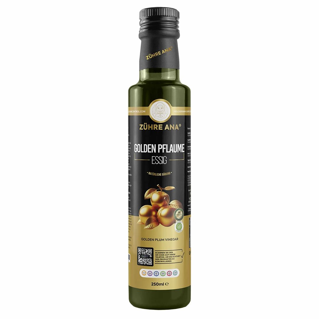 Fles Zühre Ana Gouden Pruimenazijn met etiket en afbeelding van pruimen.