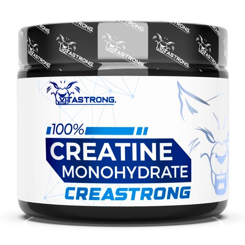 Pot Vitastrong Creatin Creastrong®. Couvercle noir, étiquette blanche avec logo et nom du produit.