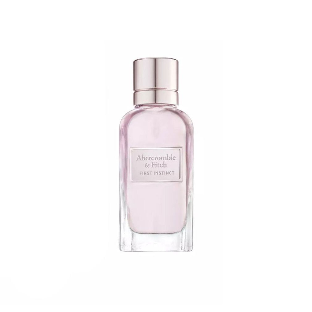 Roze fles met zilveren dop. Opschrift: Abercrombie & Fitch, First Instinct.