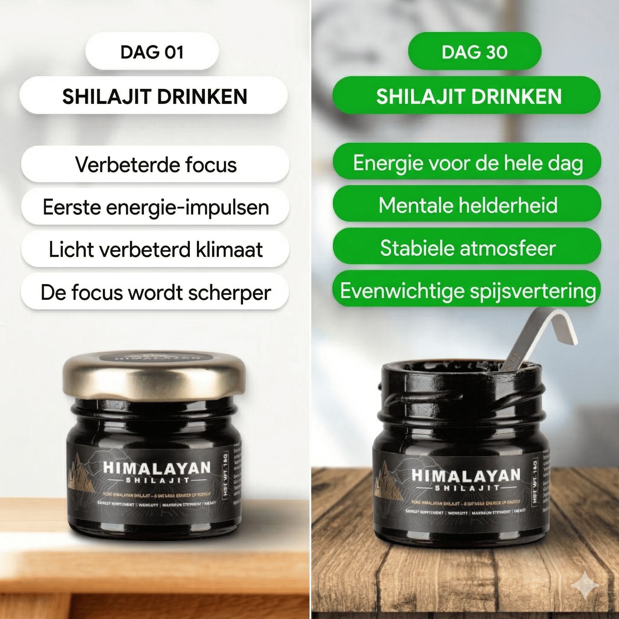 Twee potjes Shilajit en doseerlepels. Tekst: Dag 01 en Dag 30. Grafieken met voordelen: focus, energie, helderheid.