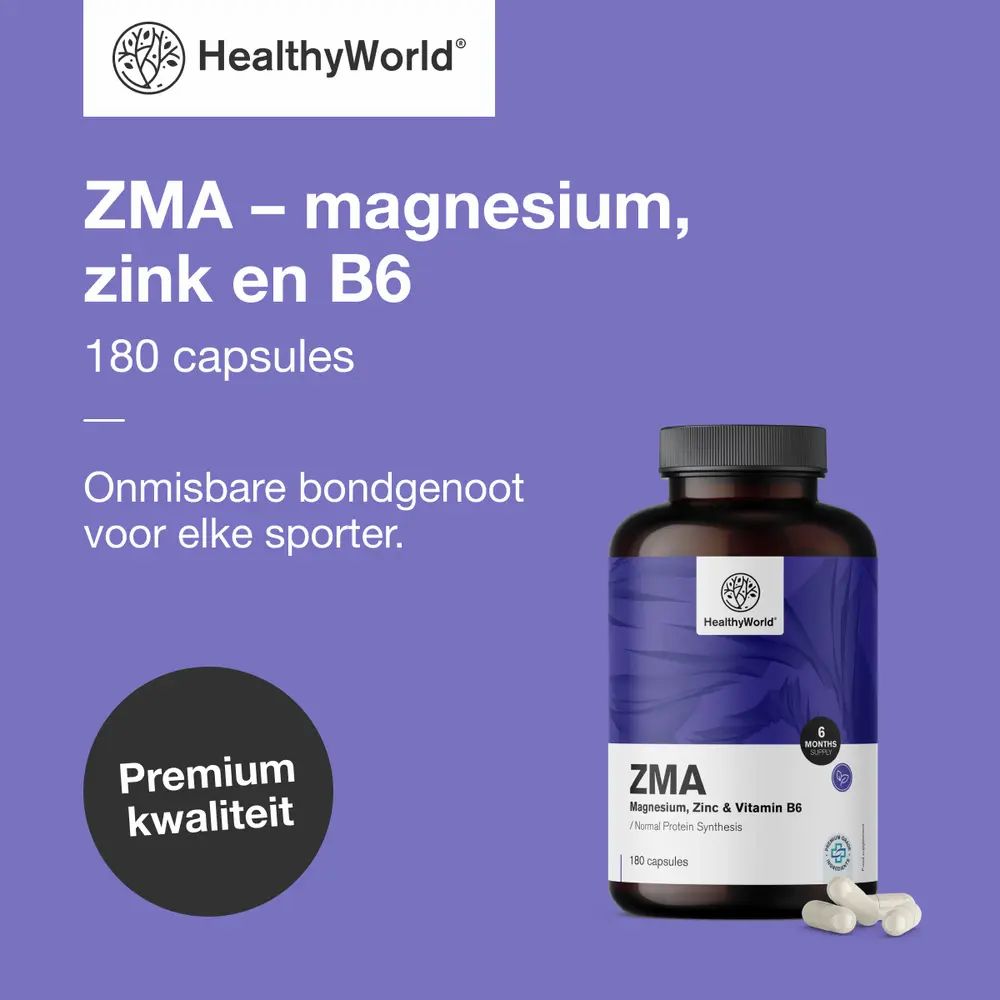 HealthyWorld ZMA capsulefles, man aan het trainen, logo en tekst.