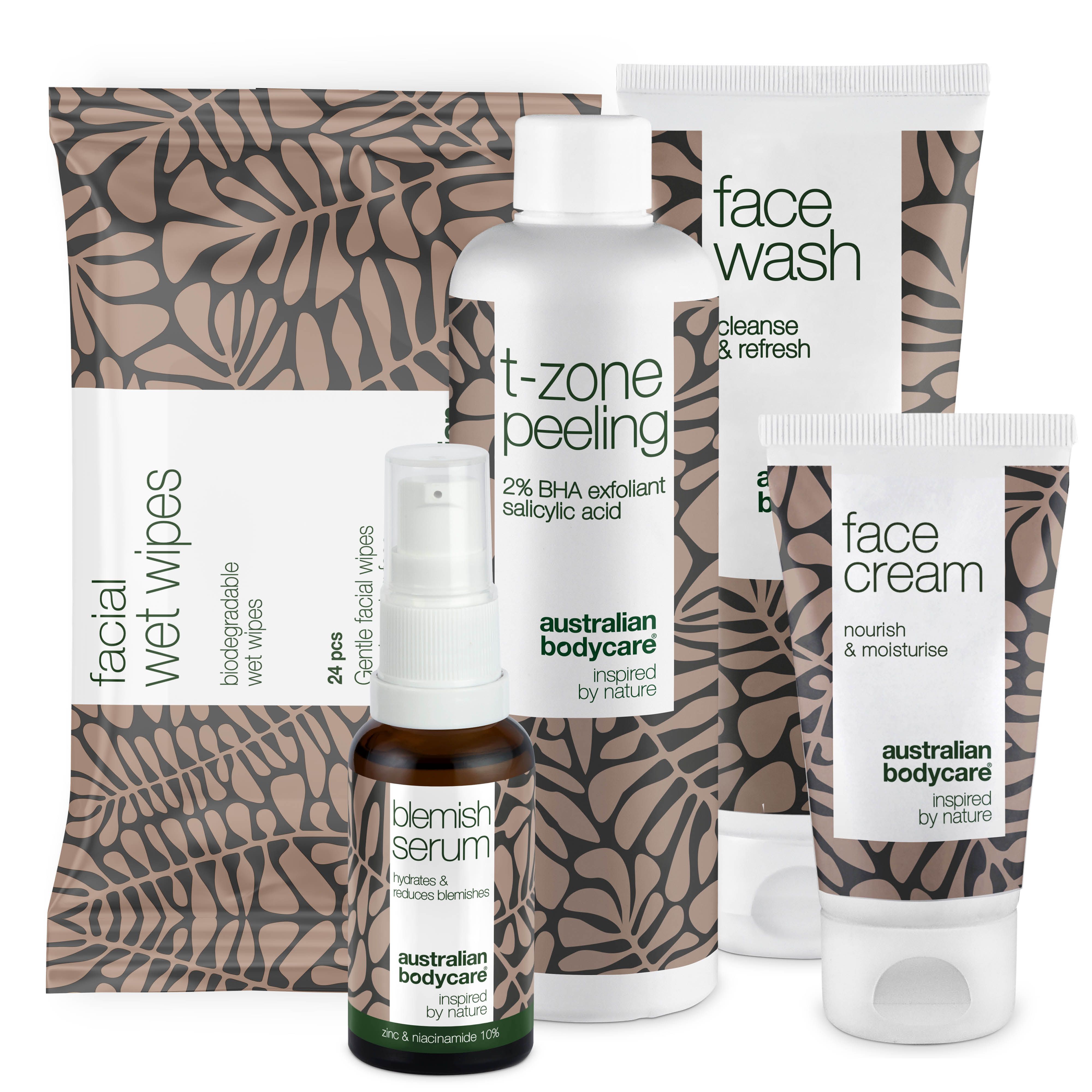 Ensemble de produits pour la zone T. Contient lingettes, sérum, crème visage, nettoyant et peeling.