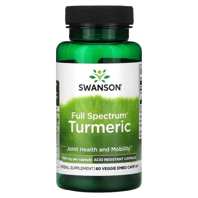 Flacon vert, bouchon noir. Inscription: SWANSON, Full Spectrum Turmeric, 750 mg par capsule.