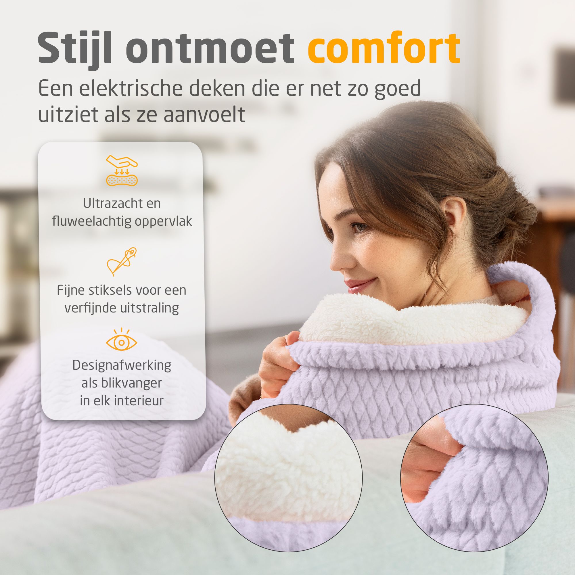 Vrouw met lichtpaarse verwarmde deken. Superzacht oppervlak. Fijne naden. Hoogwaardige afwerking. Close-ups van materiaal.