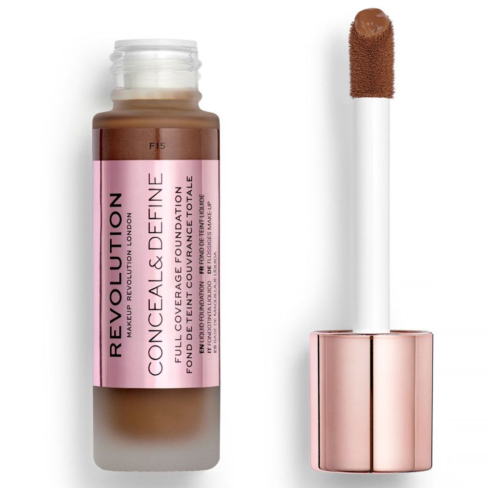 Vloeibare foundation in glazen fles met applicator. Roze etiket met productnaam en merk. Dop en applicator roségoud.