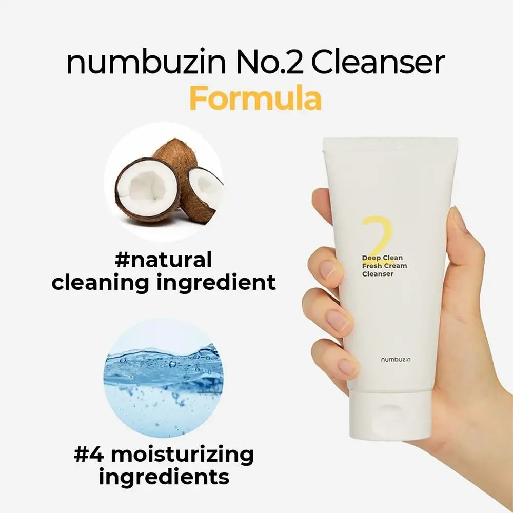 Product- en ingrediëntenpresentatie. Tube met "2" en tekst "Deep Clean Fresh Cream Cleanser". Kokosnoot, ingrediënten.