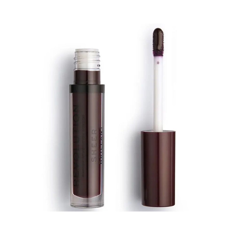 Flacon de gloss et applicateur. Liquide brun foncé. Tige d'applicateur blanche avec applicateur brun foncé. Récipient transparent.