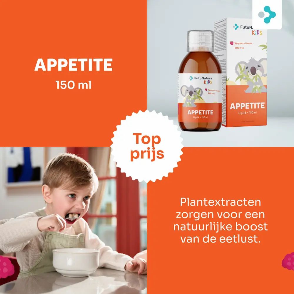 Fles en verpakking van FutuNatura Kids Appetite. Kind eet. Fles met etiket en koala-illustratie. Doos.