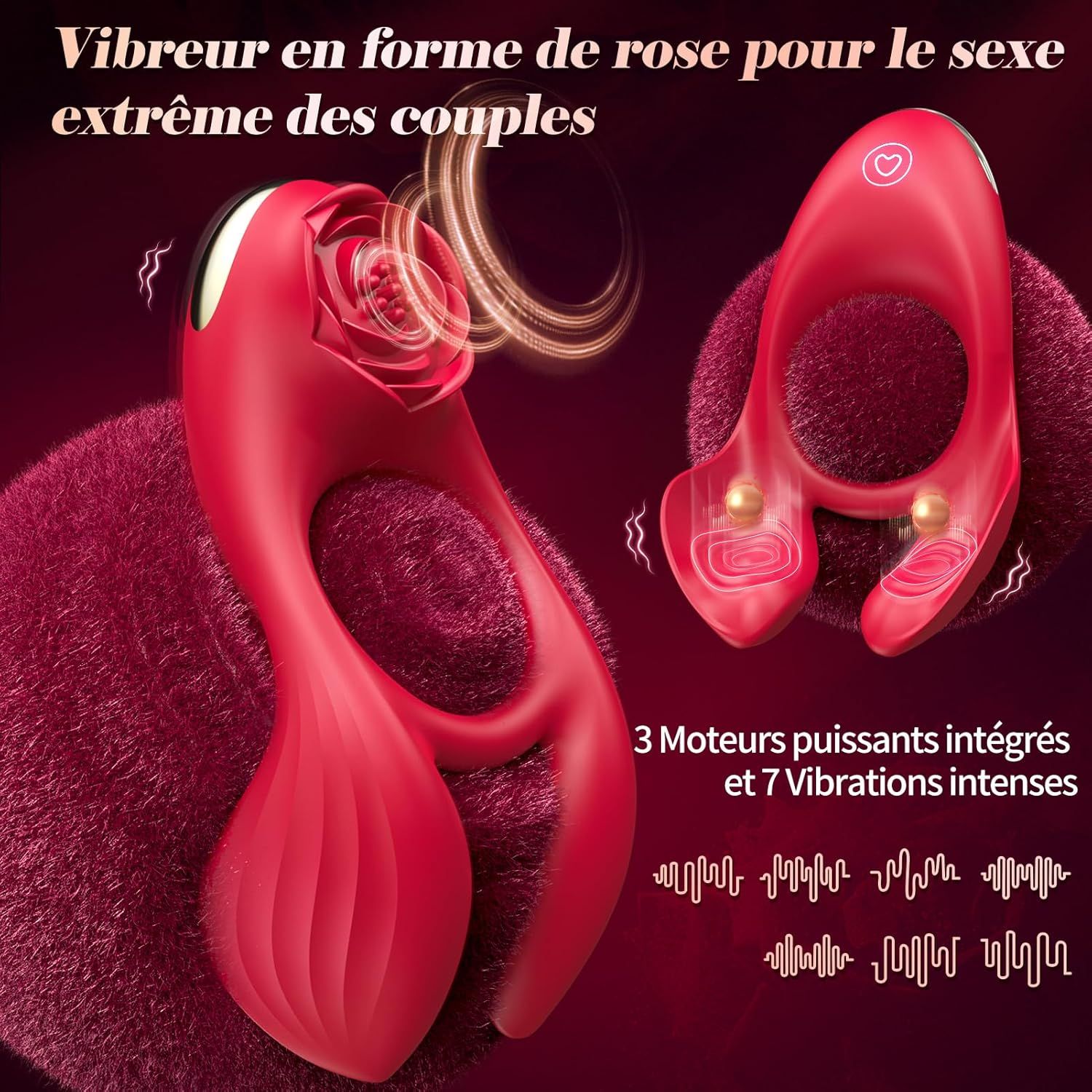 Vibrateur rouge en forme de rose avec deux anneaux et des rainures.