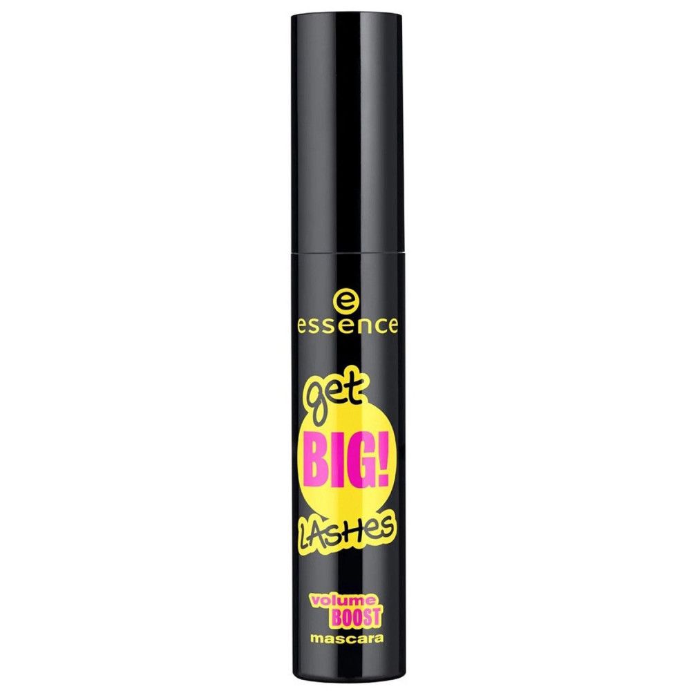 Brosse et flacon de mascara noirs. Inscription : get BIG! LASHES, Volume Boost Mascara. Marque : essence.