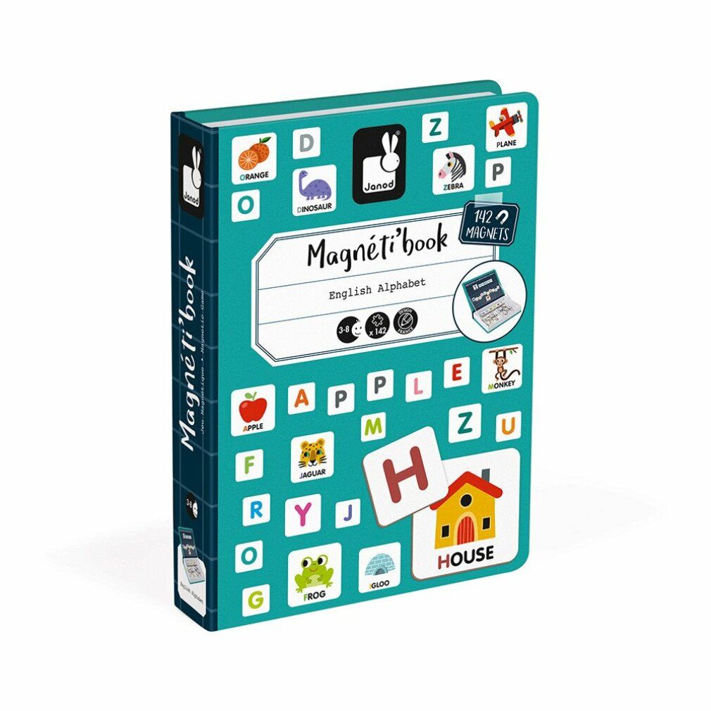 Magnetibook Alfabeto inglese. Gesloten boek met letters en afbeeldingen. Titel: English Alphabet. Merk Janod. 812 magneten.