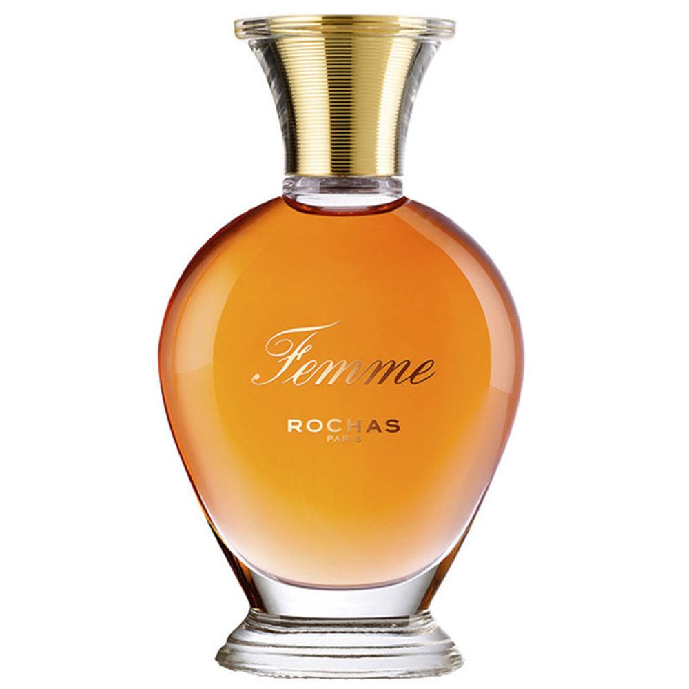 Flacon de parfum. Flacon avec bouchon doré. Inscription "Femme" et "Rochas Paris".