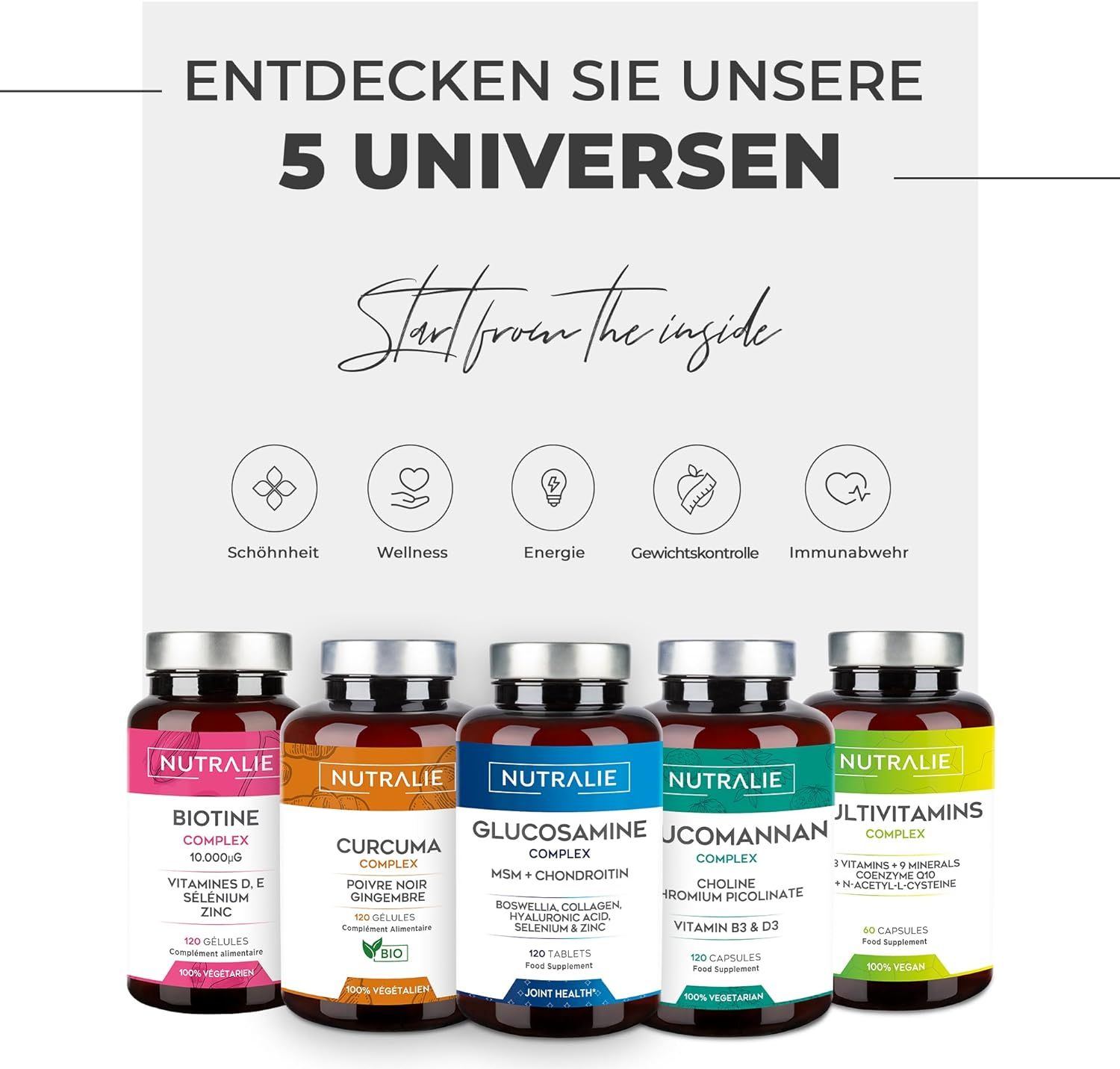 Cinq bouteilles de produits Nutralie, dont Vitamine D3+K2 Complex.