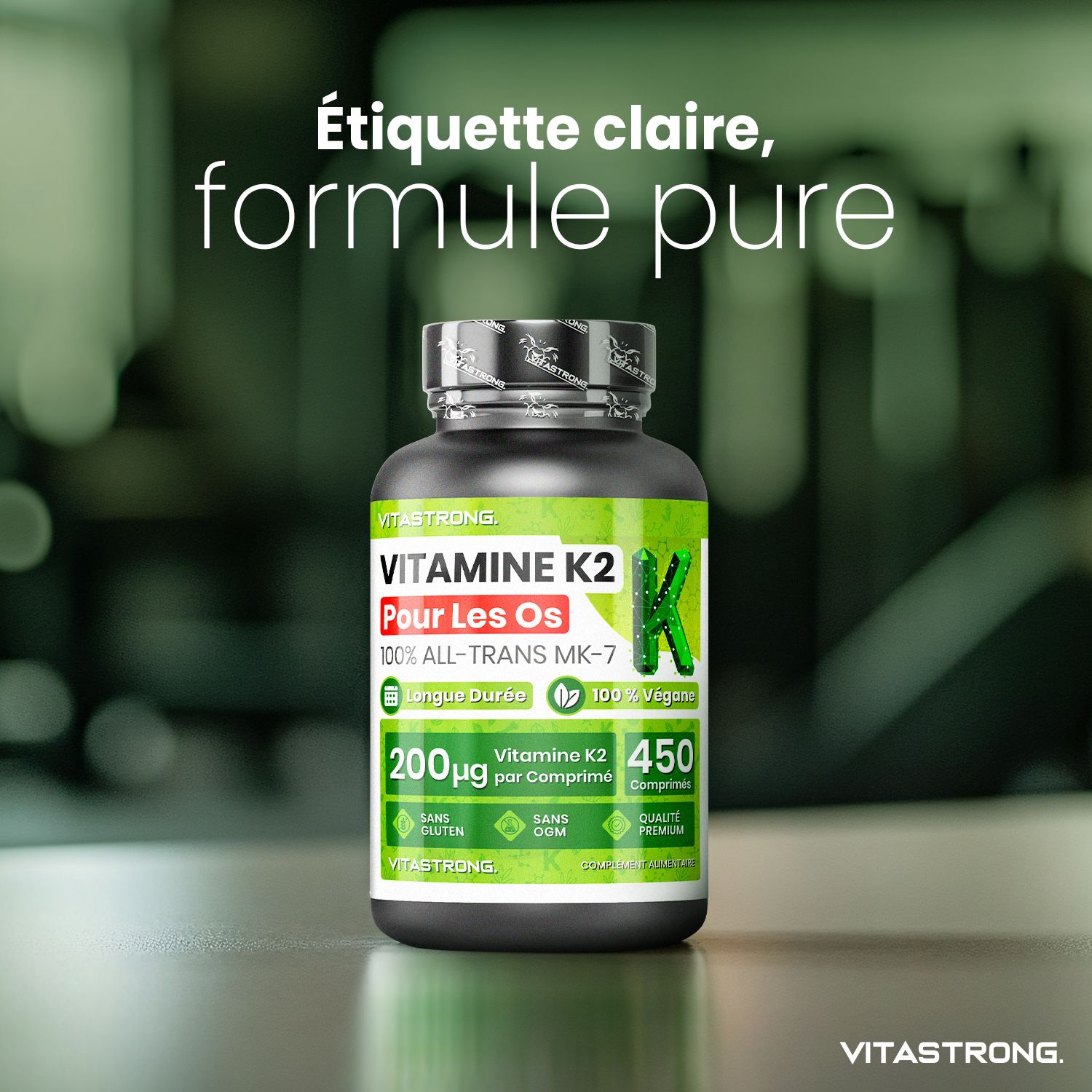 Flacon de Vitamine K2. 450 comprimés, 200µg par comprimé. Végétalien, sans gluten et OGM. Formule pure.