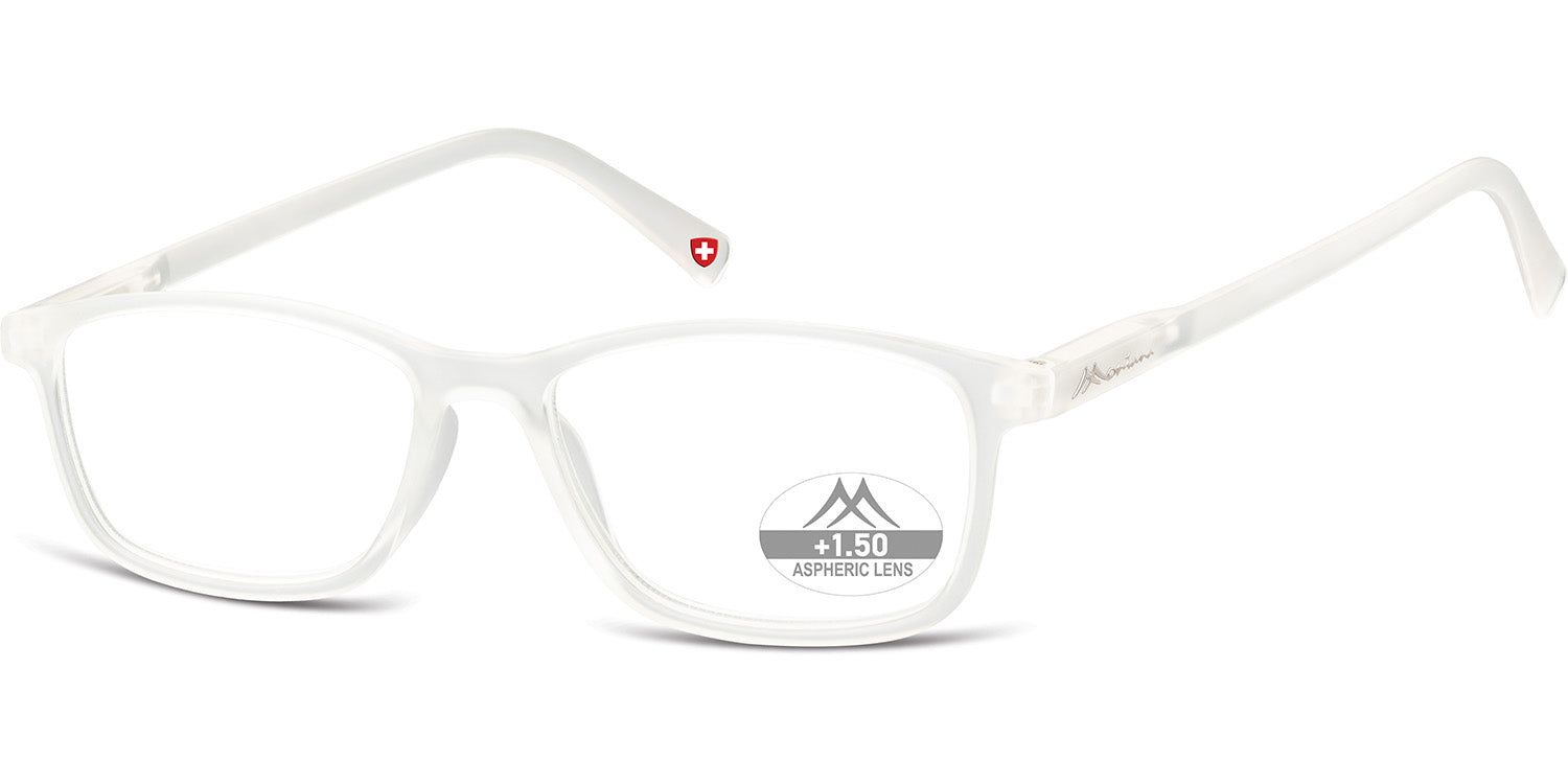 Lunettes à monture blanche. Un cœur rouge sur la branche droite. "+1,50" sur le verre gauche.