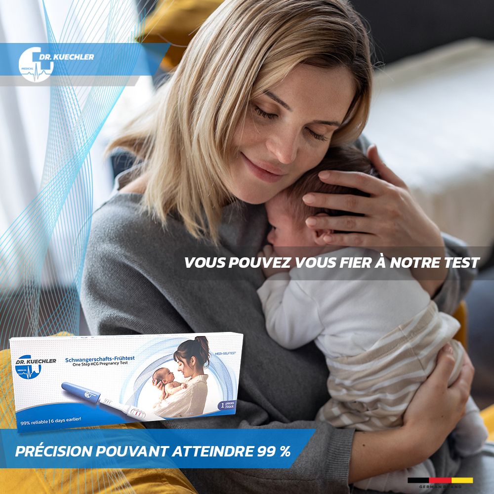 Femme avec bébé, emballage de test de grossesse au premier plan. "Jusqu'à 99% de précision".
