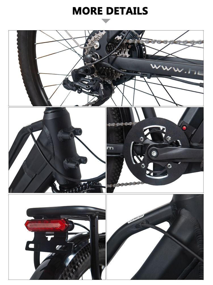 Vues détaillées d'un vélo électrique noir. Montre la chaîne, le frein, le feu arrière et d'autres composants.