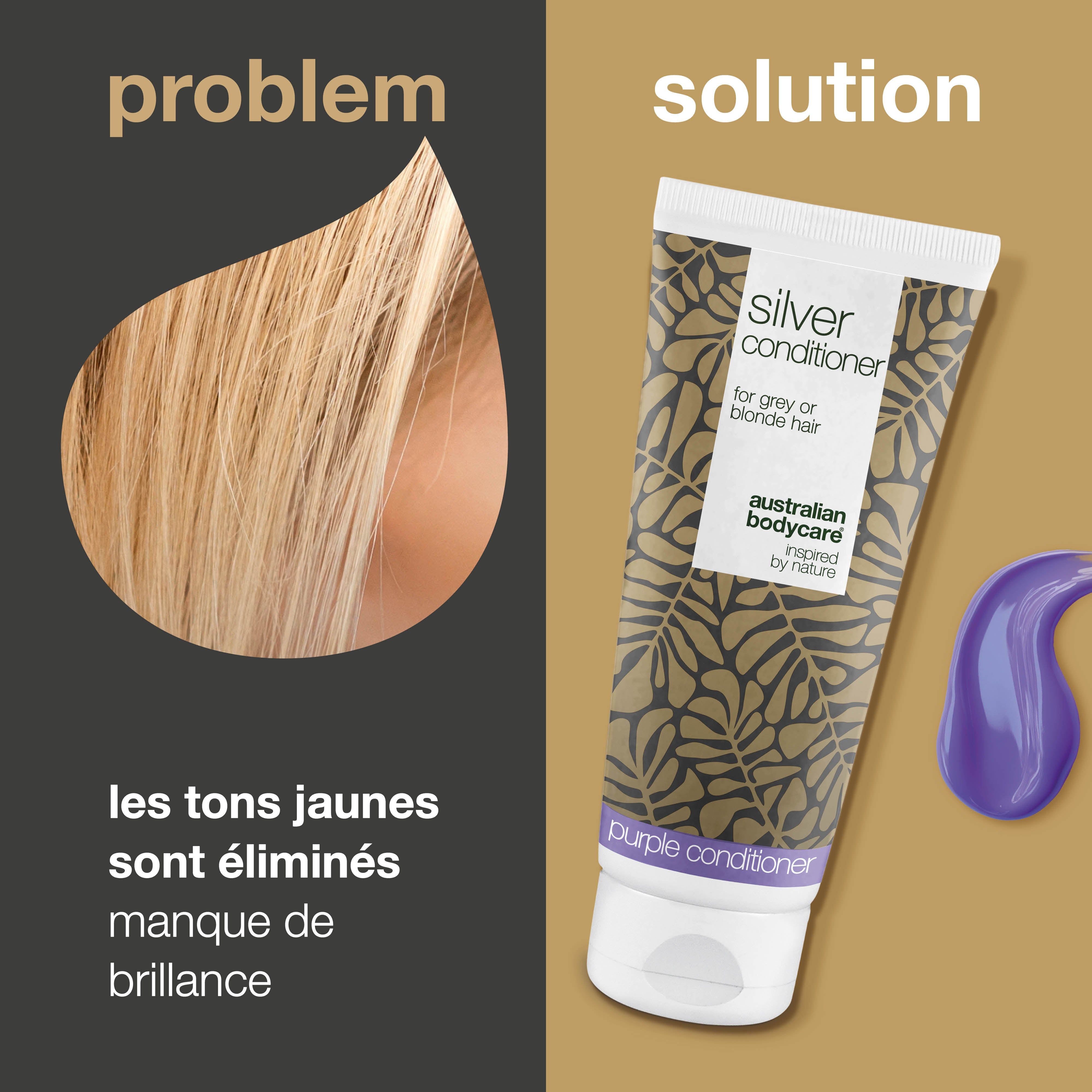 Mèche de cheveux et tube de revitalisant argenté. Élimine les reflets jaunes. Marque : Australian Bodycare.