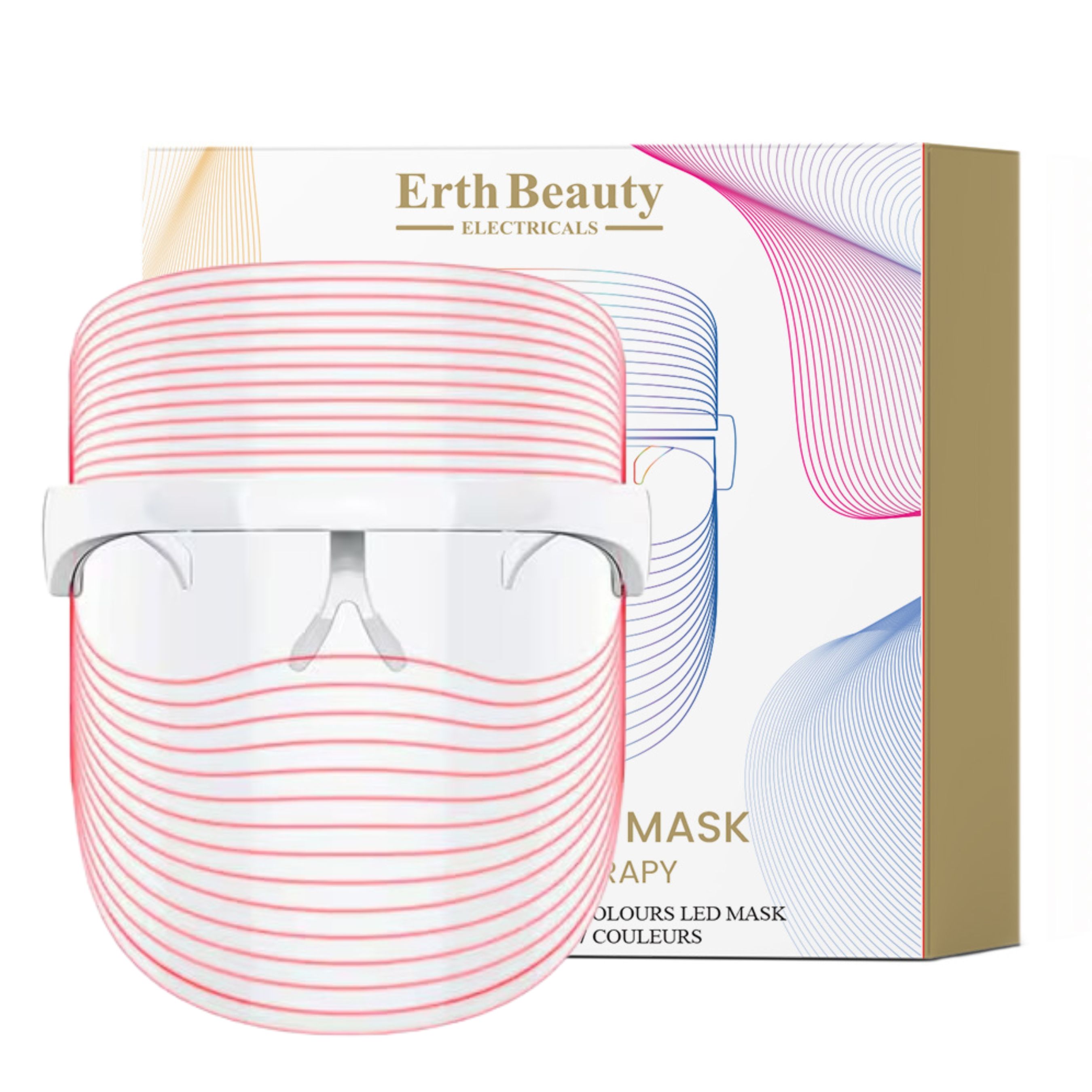 Masque LED Erth Beauty Electricals 7 couleurs, sur une scène rose, avec du texte sur les soins de la peau.