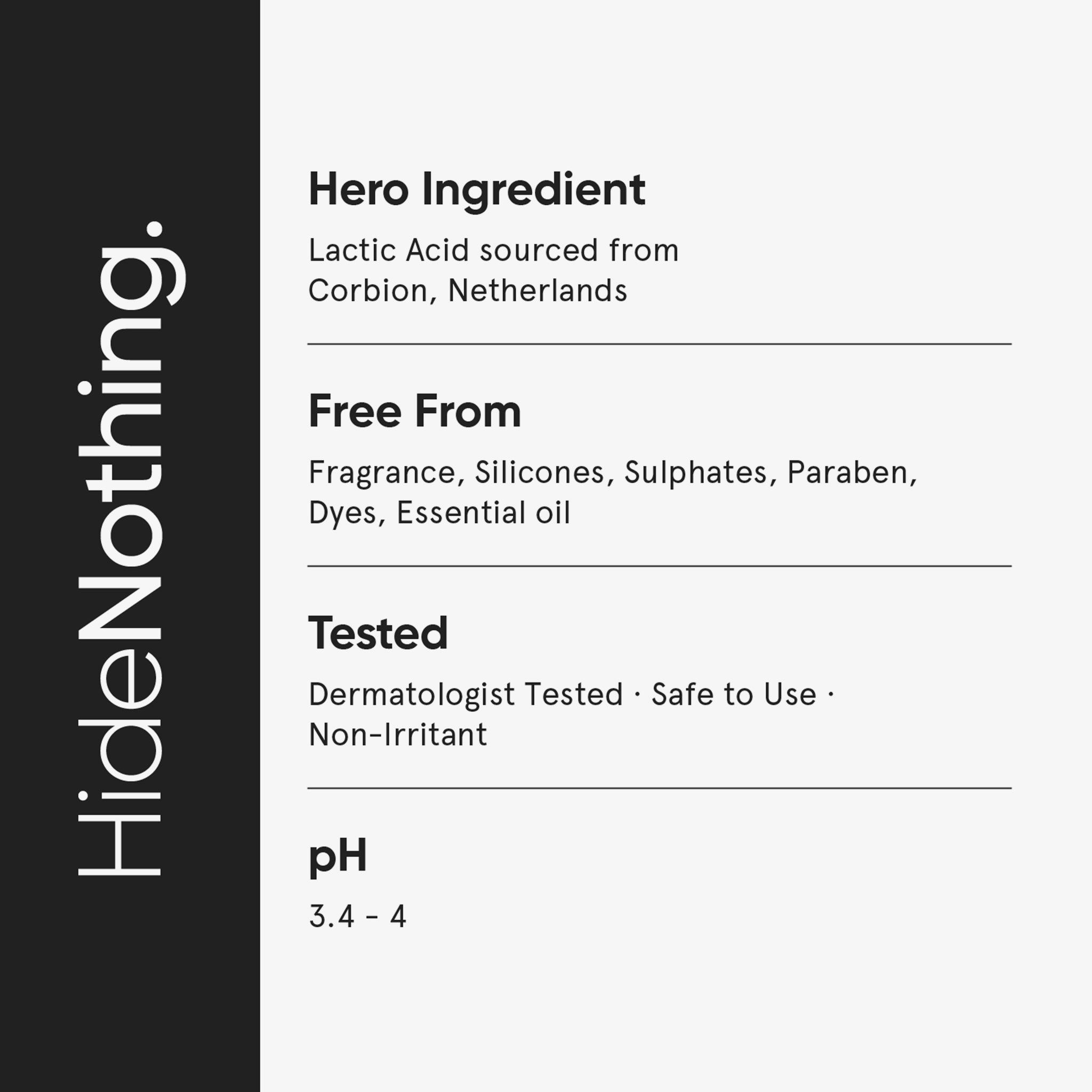 Texte sur fond gris. Informations sur les ingrédients et le pH. Contient de l'acide lactique, sans parfum, silicones, sulfates.