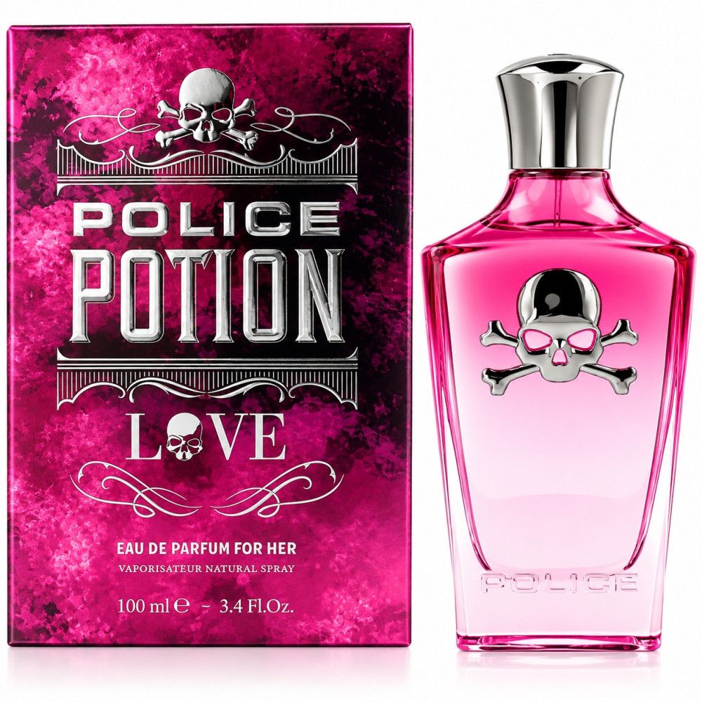 Een doos en een flesvormige glazen container met een schedelsymbool, gevuld met roze vloeistof. 100 ml.