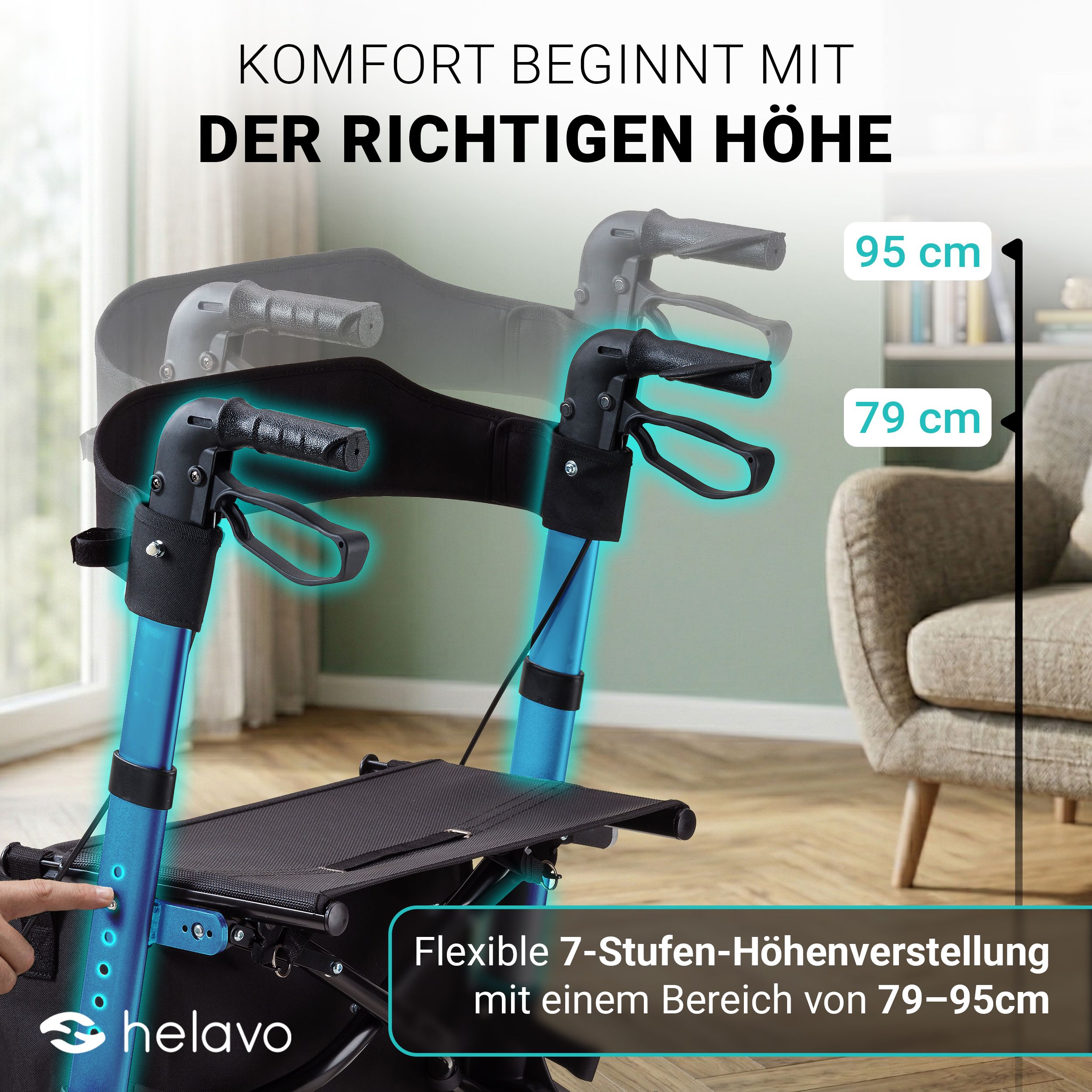 Réglage en hauteur d'un rollator de 79 cm à 95 cm en 7 étapes.