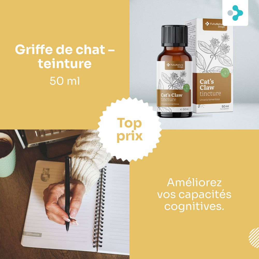 Femme tenant teinture griffe de chat, 50 ml, texte sur capacités cognitives.