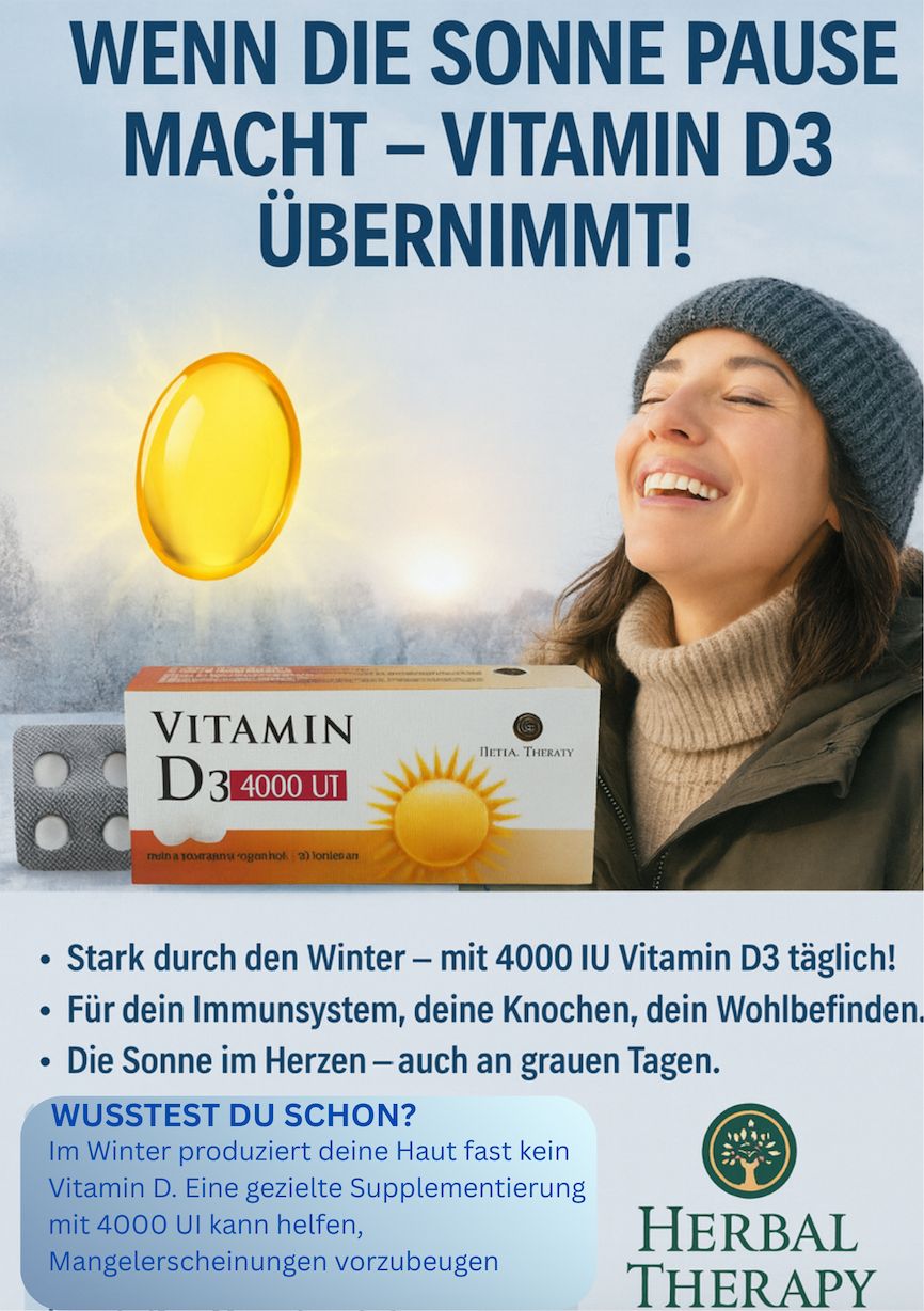 Image publicitaire avec une femme et une boîte de Vitamin D3 4000 UI. Texte: Quand le soleil fait une pause - la vitamine D3 prend le relais!
