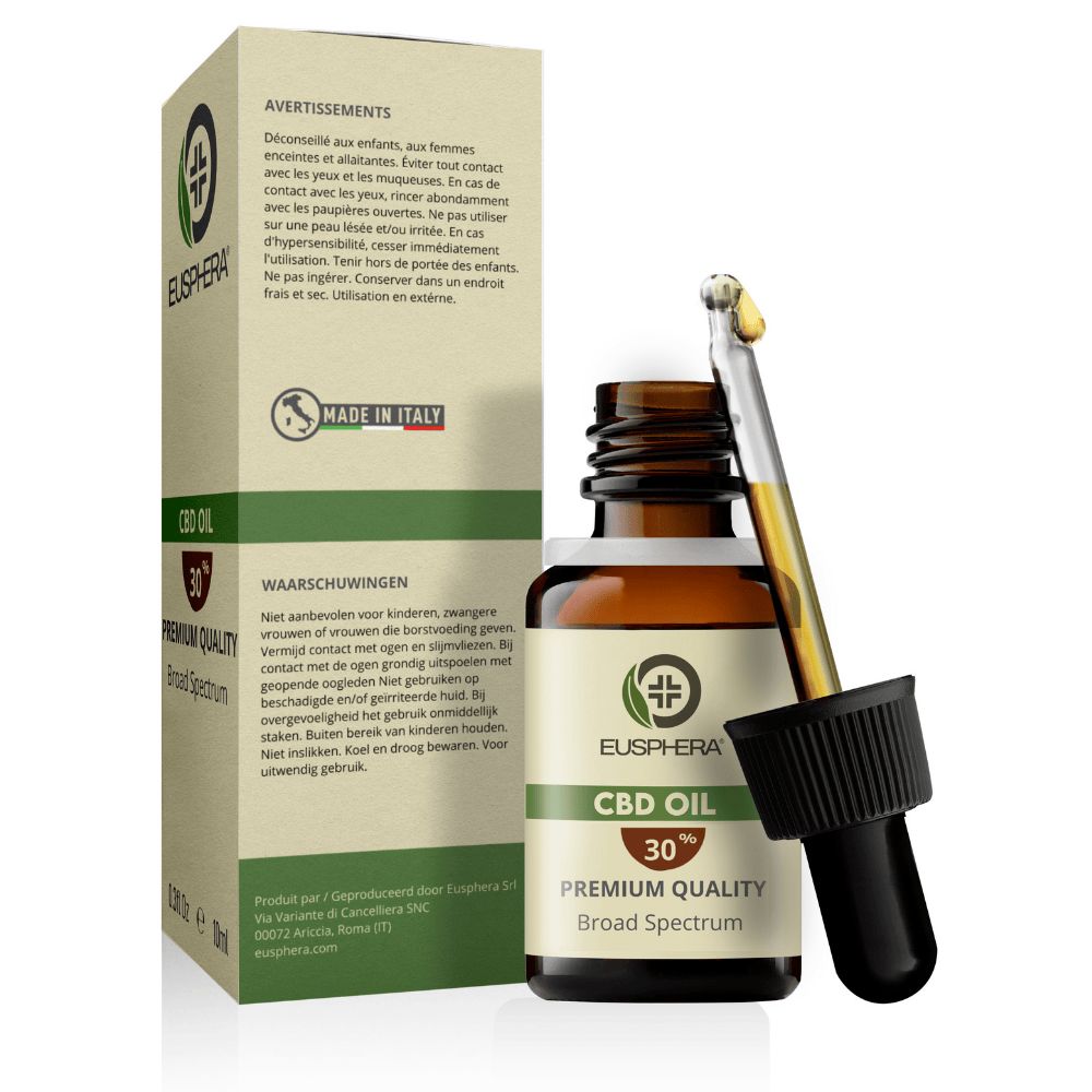 Bruine glazen fles met zwarte druppelaar. Opschrift: CBD OIL, 30%, Premium Quality, Broad Spectrum.