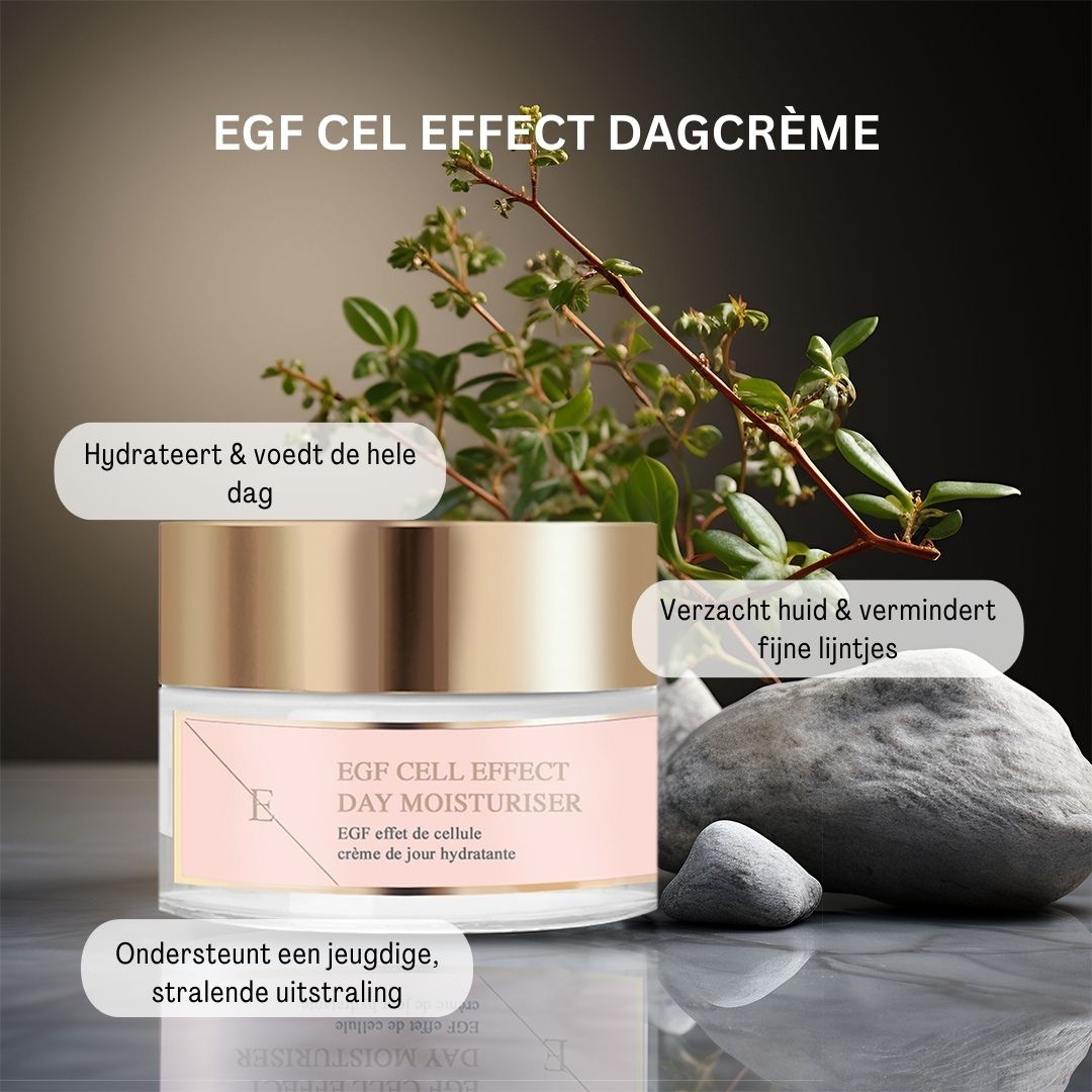 Pot de crème avec couvercle doré et étiquette rose. Texte : EGF Cell Effect Day Moisturiser. Fond : plantes et pierres.