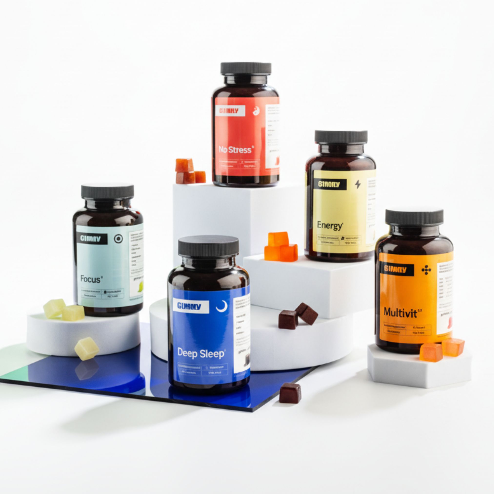 Vijf flessen GIMMY Originals voedingssupplementen. Elke fles heeft een andere kleur en tekst. Gummibeertjes ernaast.
