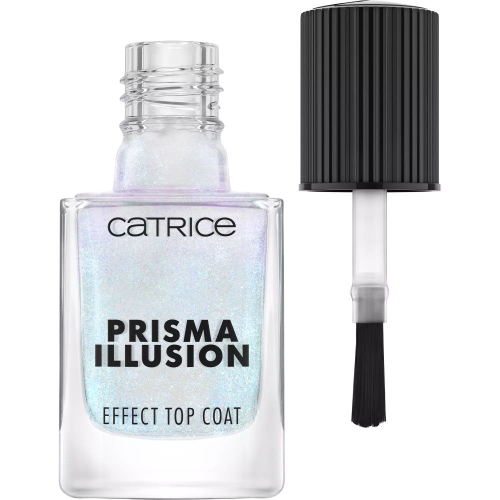 Glazen flesje Catrice Prisma Illusion Effect Top Coat. Zwarte dop met kwast. Transparante nagellak met glinsterende deeltjes.