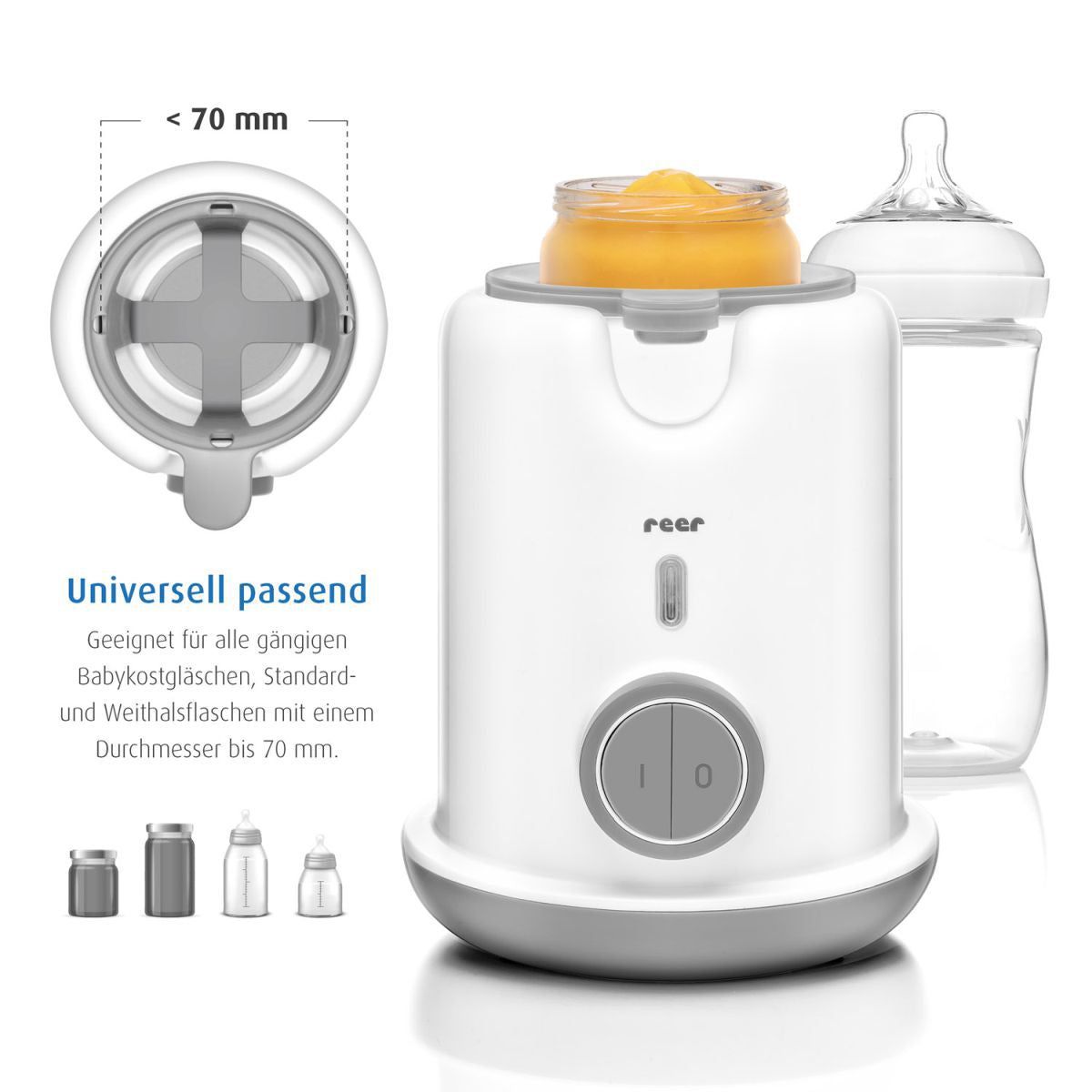 Babyvoedingwarmer met potje en fles. Diameter tot 70 mm. Merk: reer.