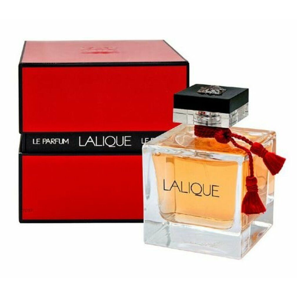 Flacon en verre avec liquide doré et emballage rouge. Inscription : LALIQUE LE PARFUM. Boîte rouge.