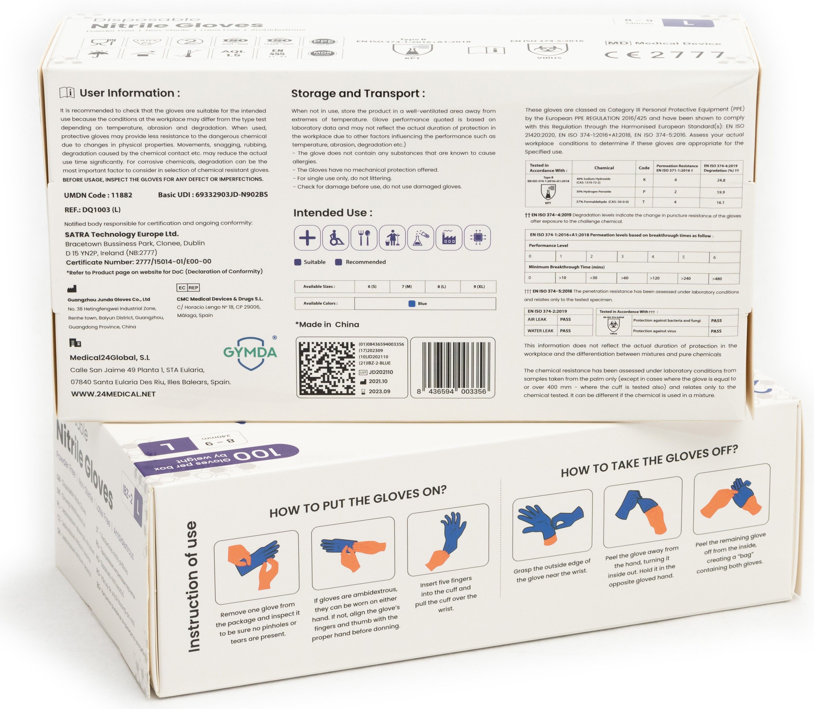 Achterkant van twee dozen 24MEDICAL IBZ-2 nitril handschoenen. Informatie over opslag, gebruiksaanwijzing en certificeringen.