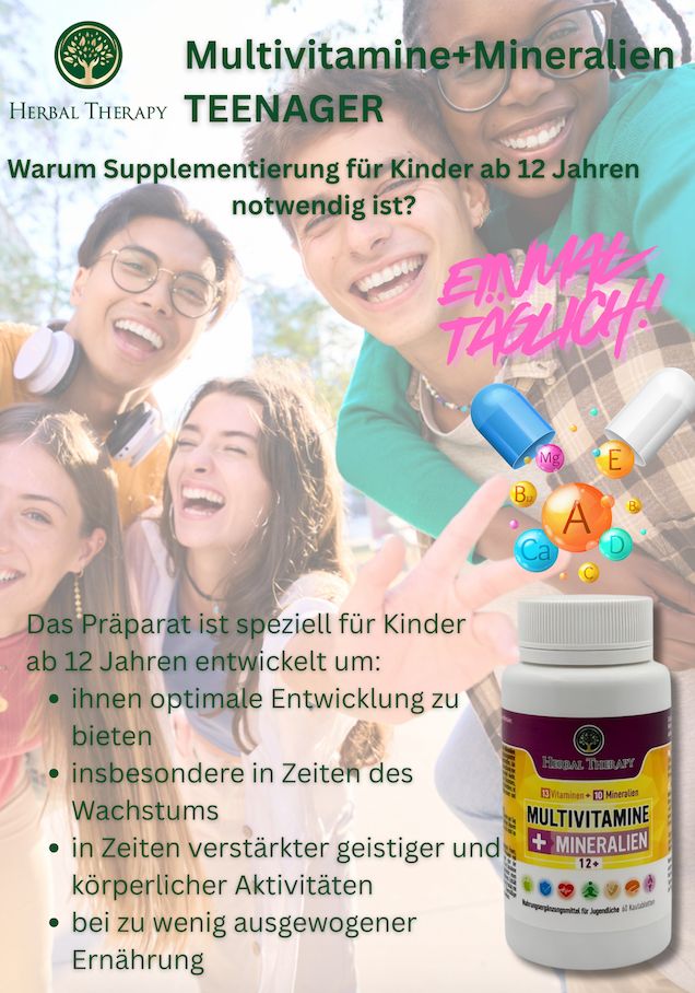 Groupe d'adolescents, flacon Herbal Therapy Multivitamine + Mineralien 12+. Texte : Pourquoi la supplémentation est-elle nécessaire pour les enfants de 12 ans et plus ?