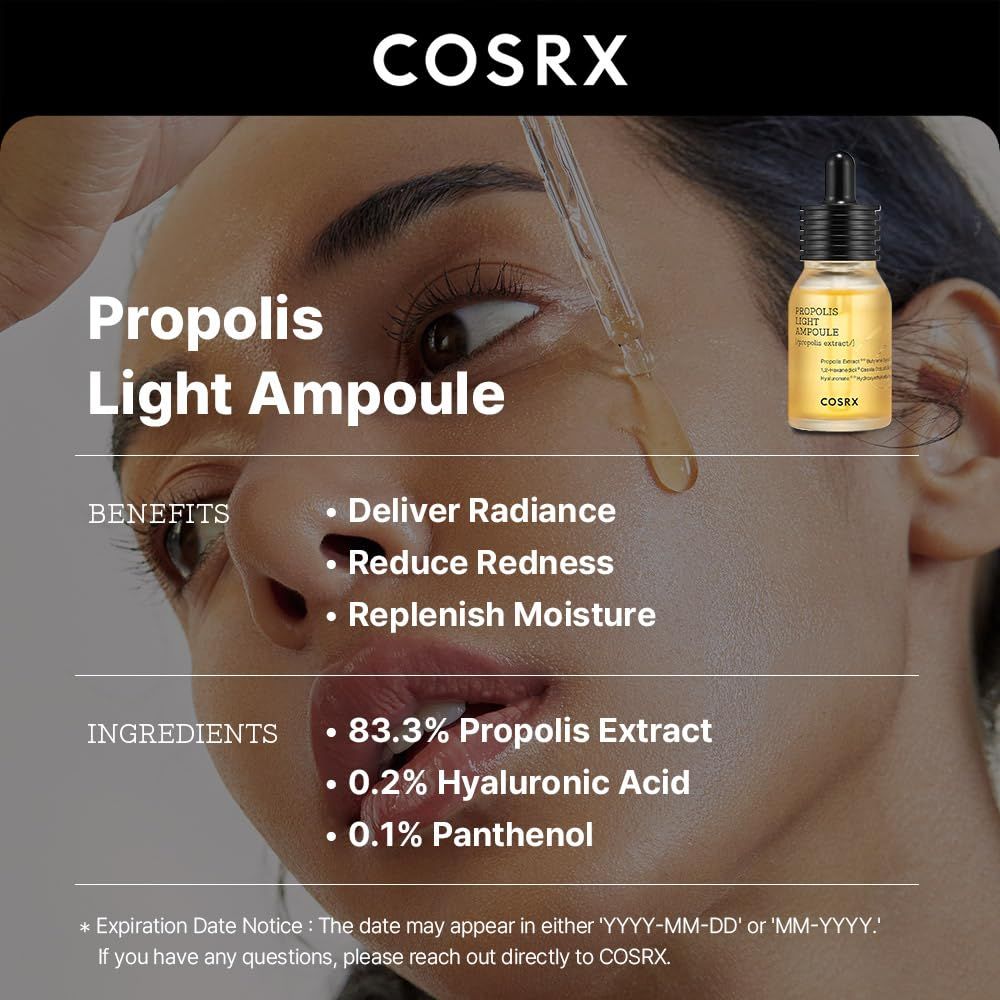 Ampoule Propolis Légère COSRX avec compte-gouttes, montrant les avantages : éclat, réduction des rougeurs, hydratation.