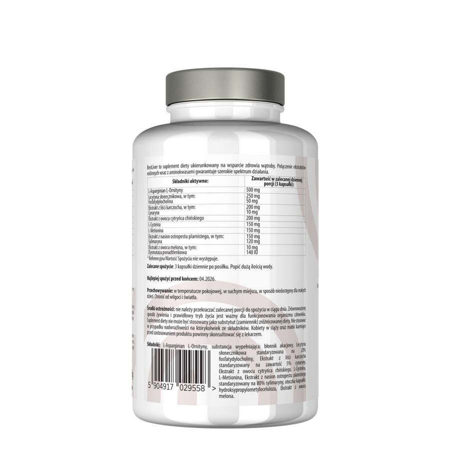 Dos du flacon blanc. Contient des informations sur les ingrédients, le dosage et les avertissements. Texte en polonais.