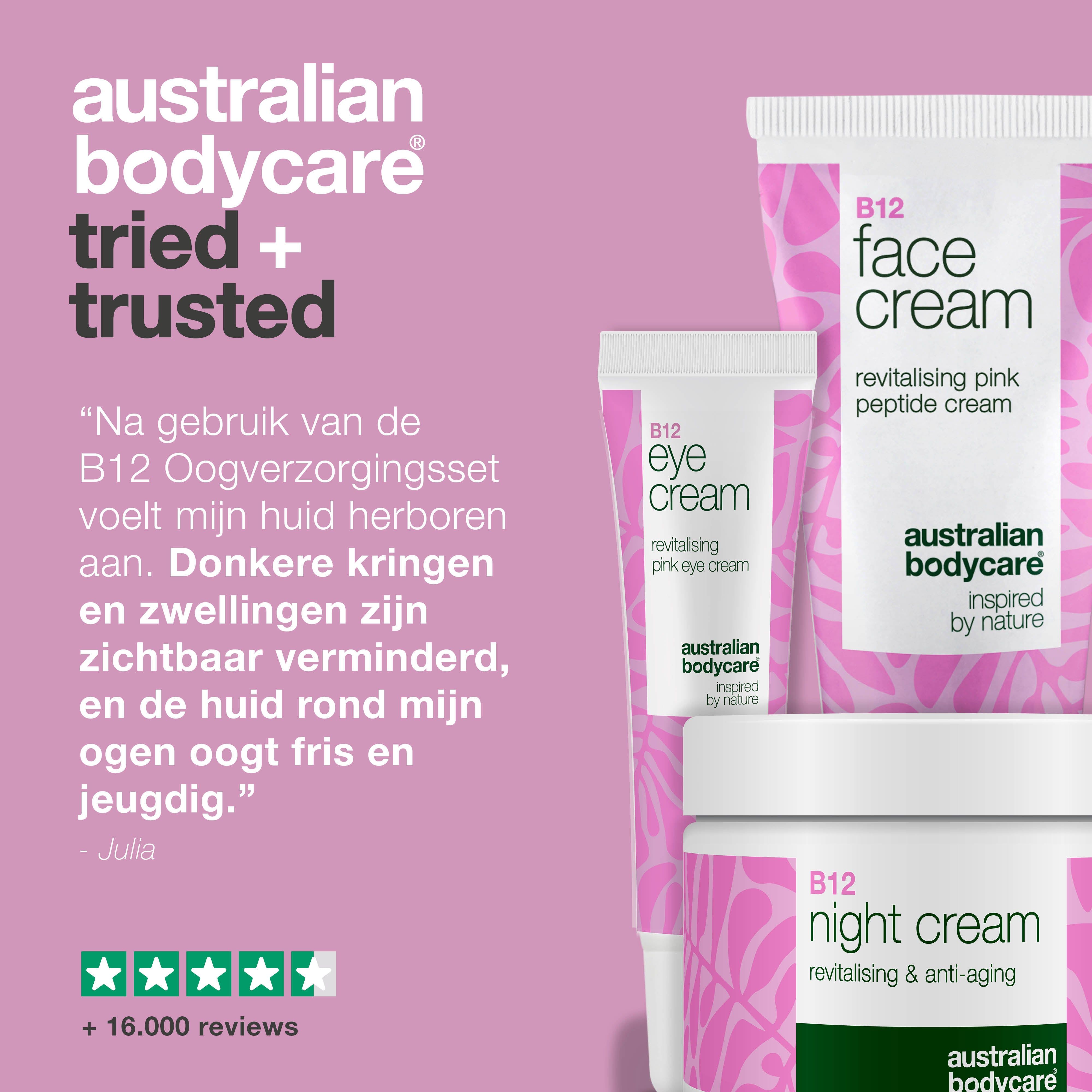 Drie cosmetische producten: oogcrème, gezichtscrème en nachtcrème. Tekst: Australian Bodycare beproefd en vertrouwd. 5 sterren.