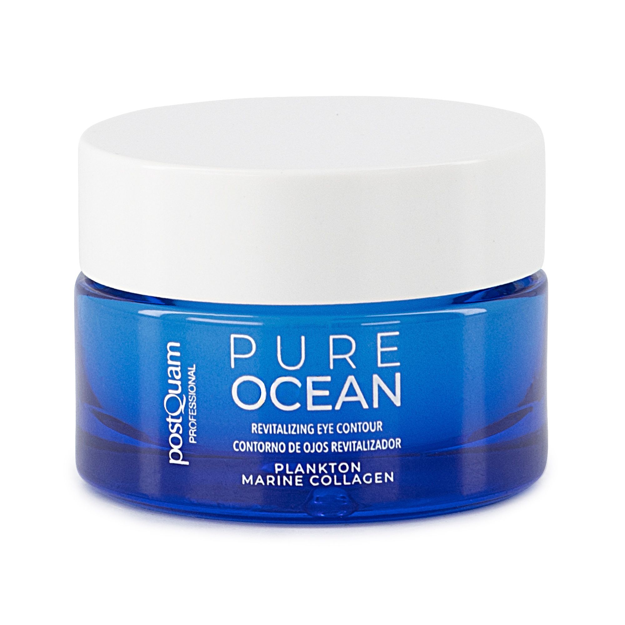 Pot en verre bleu avec couvercle blanc. Texte : Pure Ocean, Revitalizing Eye Contour, Plankto Marine Collagen. PostQuam.