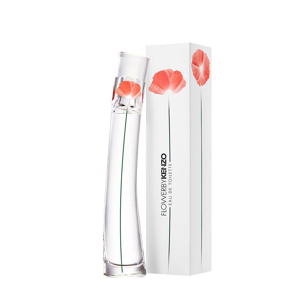 Flacon transparent avec fleur rouge et emballage blanc. Le texte sur l'emballage indique "FLOWERBYKENZO".
