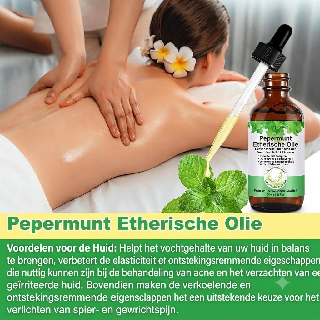 Bruine glazen fles met druppelaar, gevuld met pepermuntolie. Verse muntblaadjes ernaast.