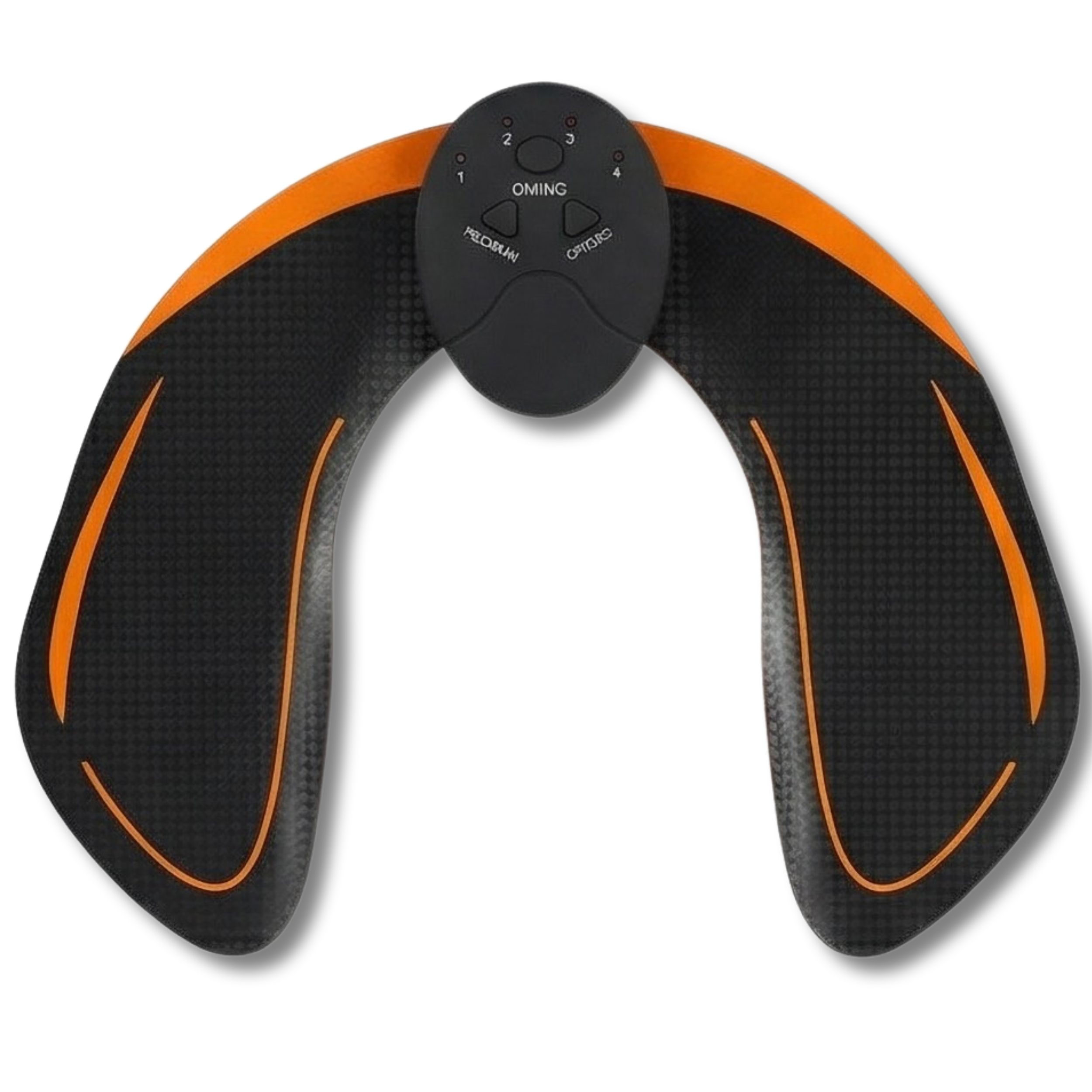Stimulateur EMS fessier avec unité de contrôle et deux électrodes ailes, noir avec accents orange.