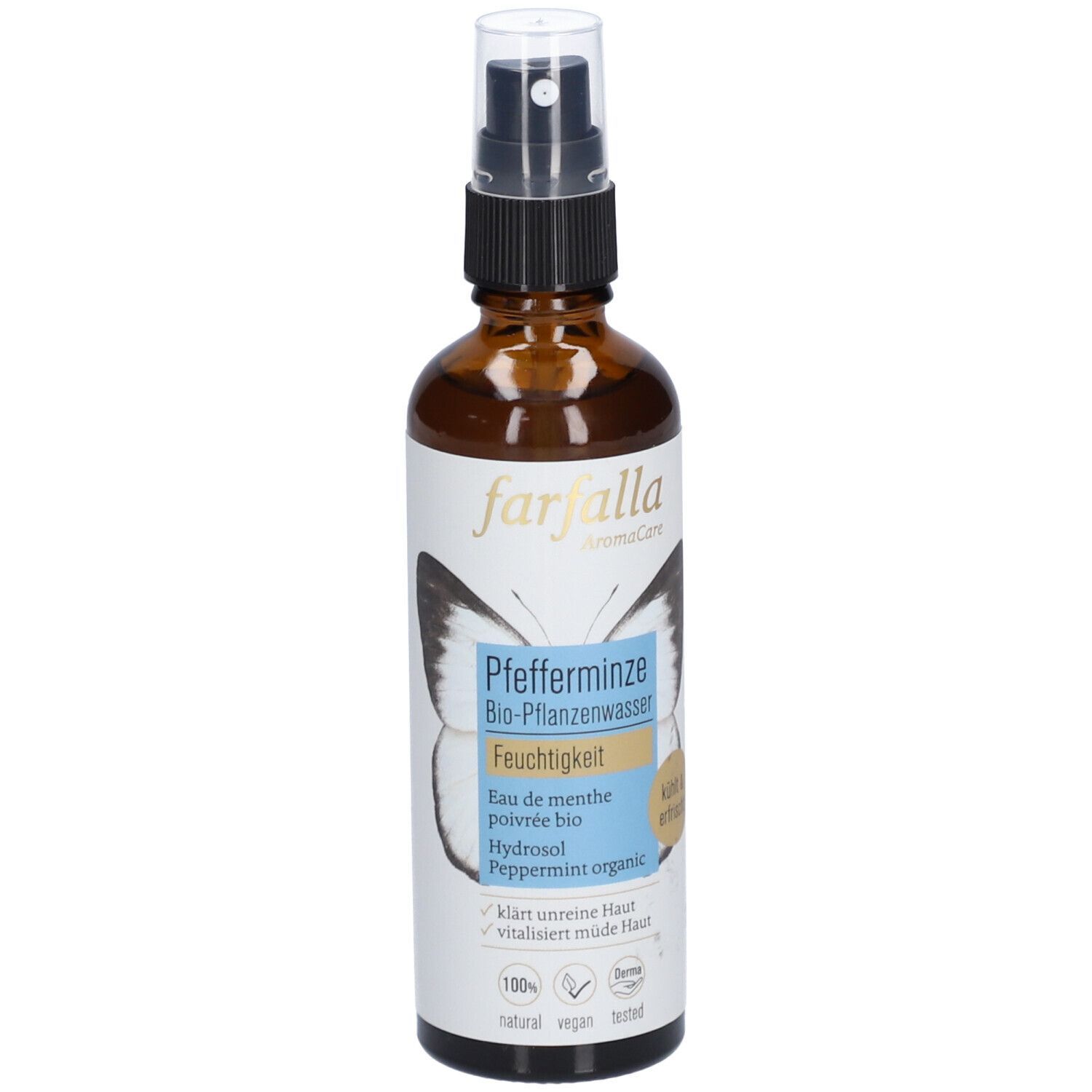 Flacon en verre brun avec vaporisateur. Étiquette avec nom du produit, motif papillon et texte. Certifications.