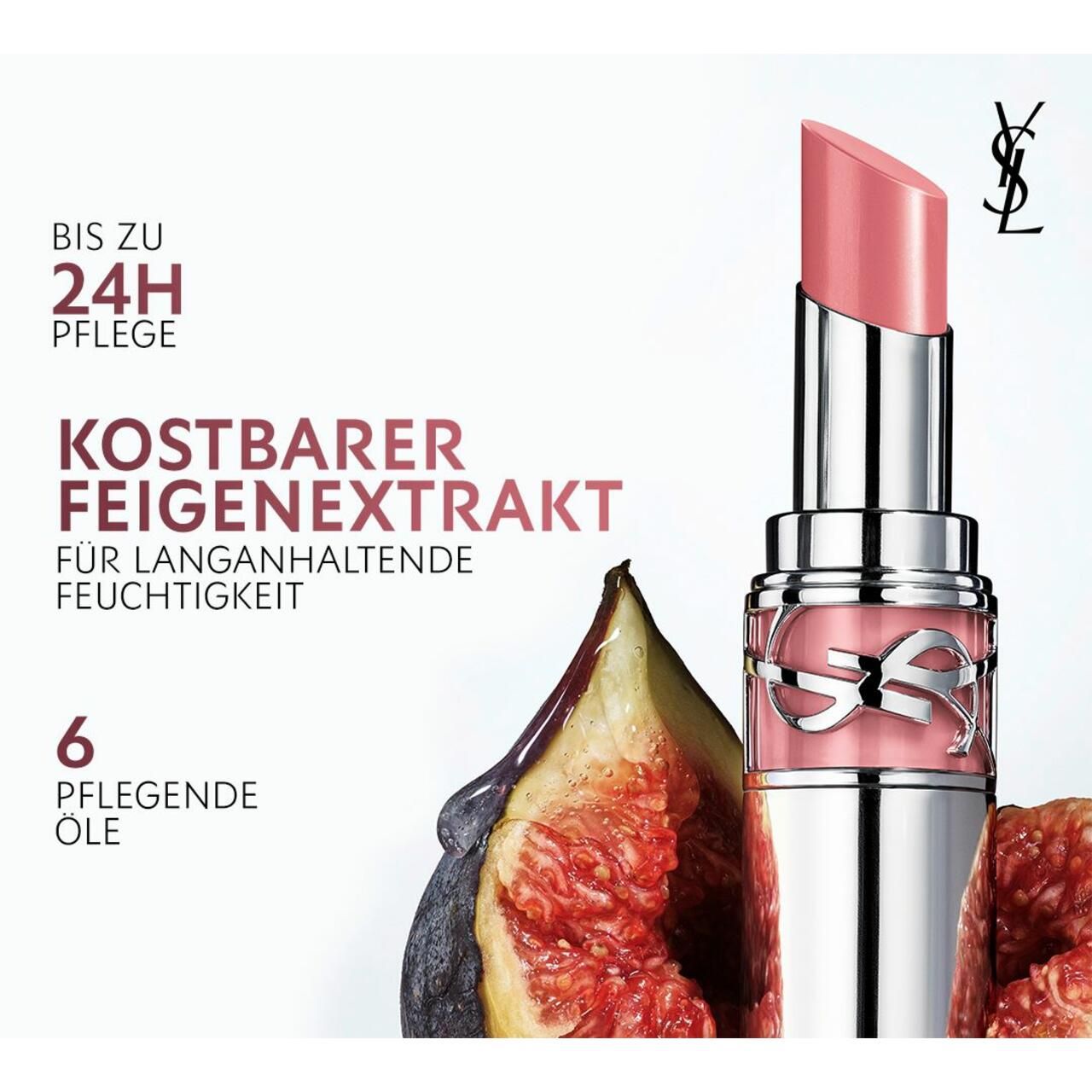 Open Yves Saint Laurent Loveshine lippenstift. Roze lippenstift, zilveren huls. Tekst: 'Kostbarer Feigenextrakt'.