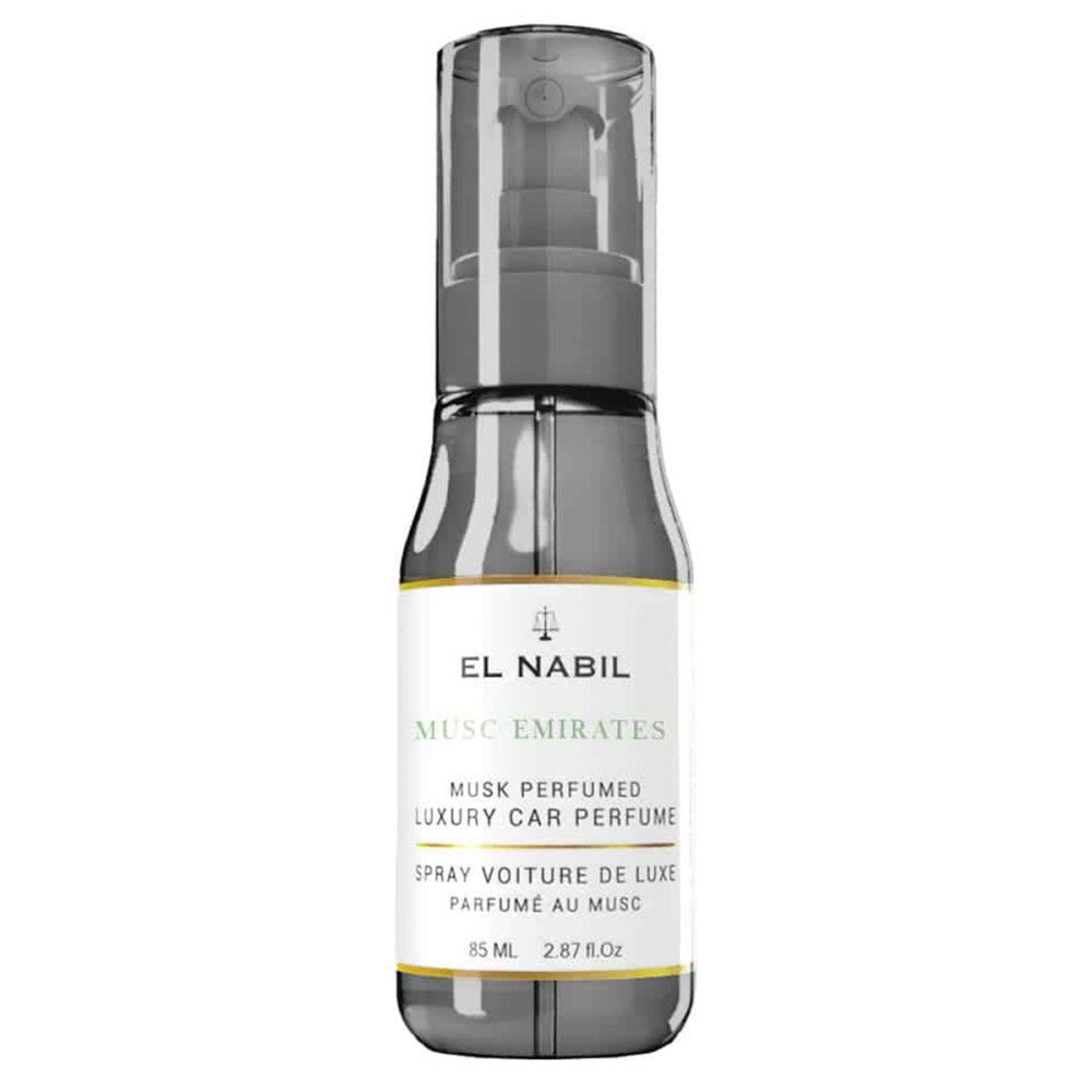 Flacon cylindrique gris avec vaporisateur. Étiquette avec texte: EL NABIL, MUSC EMIRATES, MUSK PERFUMED LUXURY CAR PERFUME. 85 ml.