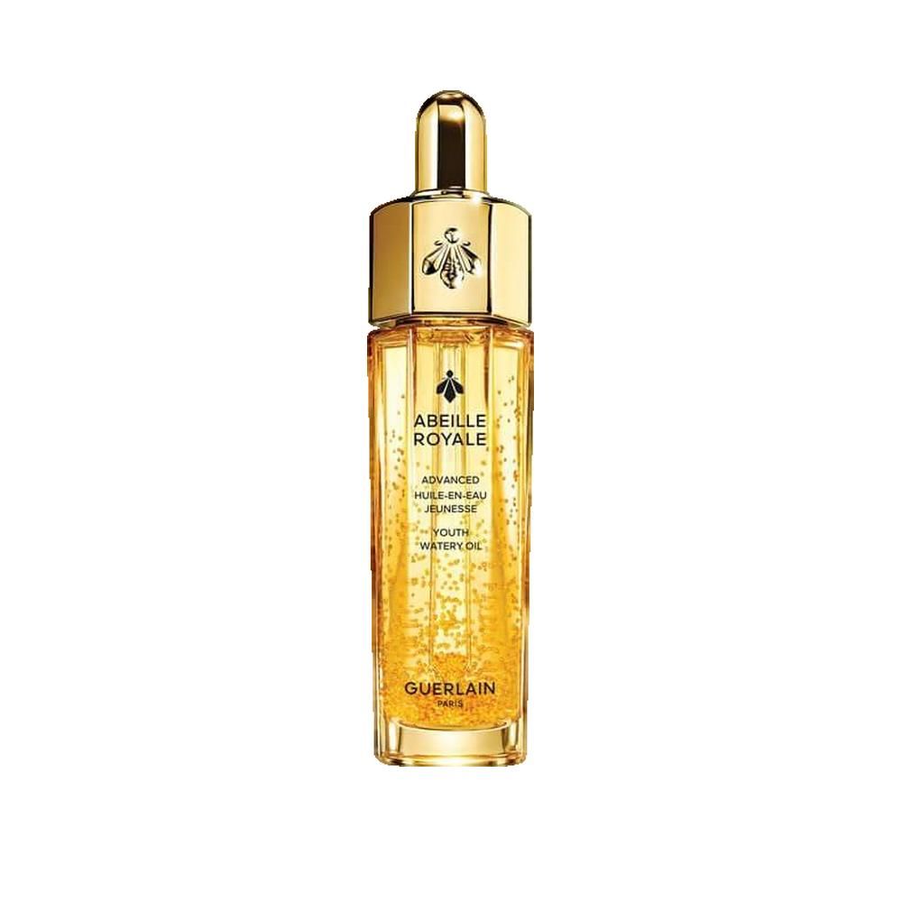 Gouden fles met gouden dop. Opschrift: Abeille Royale, Advanced Huile-en-Eau Jeunesse, Youth Watery Oil. Merk Guerlain.