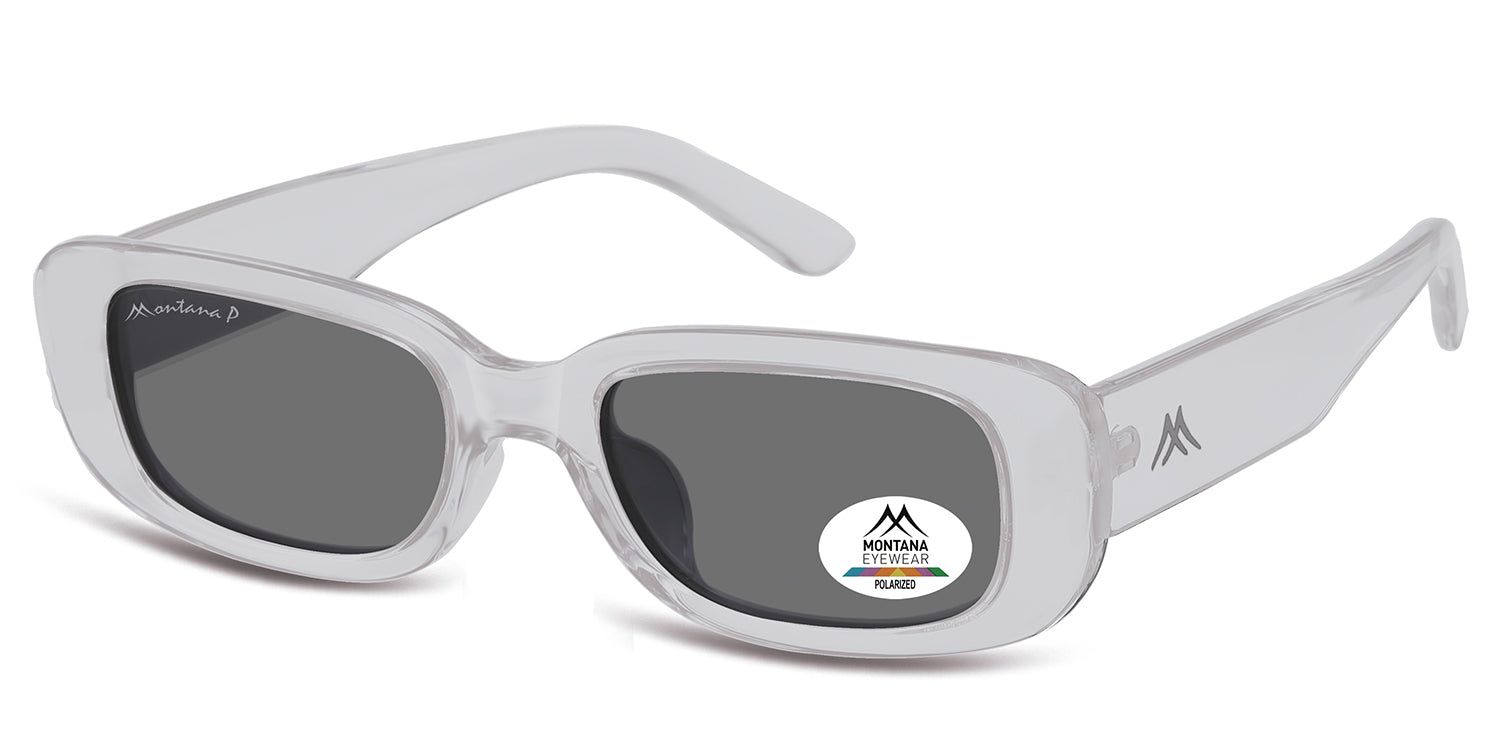 Lunettes de soleil à monture claire et verres gris. Un autocollant avec logo et texte est apposé sur une lentille.